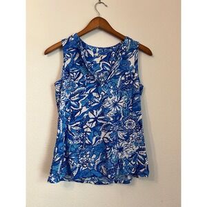 Lilly Pulitzer Sleeveless Top Blue‎ White Floral Print Blouse